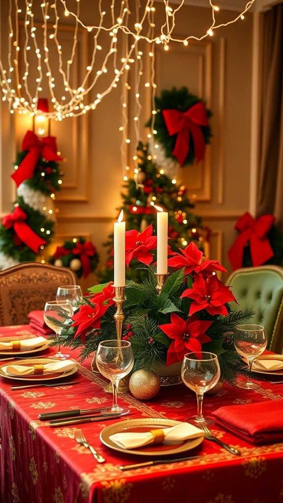 A festive Christmas table setting with red and gold decorations, candles, and a floral centerpiece.